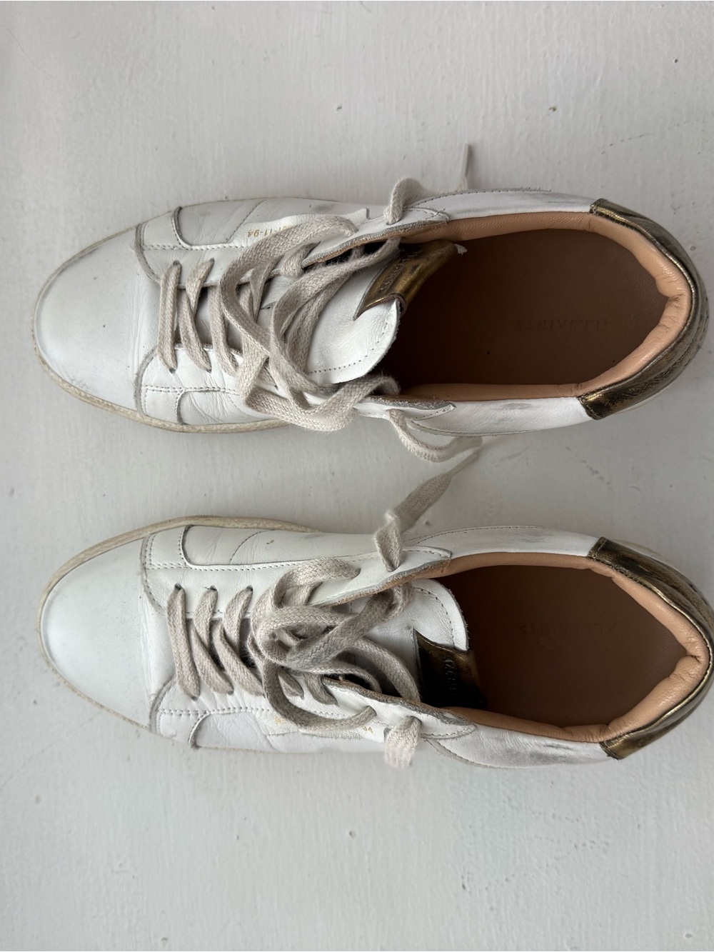 All Saints White Leather Distressed Sneakers with Metallic Gold Heel